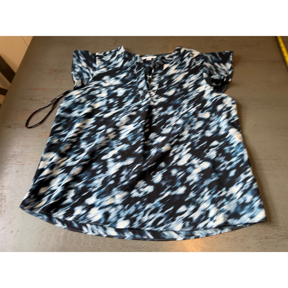 Calvin Klein Blue Abstract Print Flutter Sleeve Blouse XL Split Neck Top